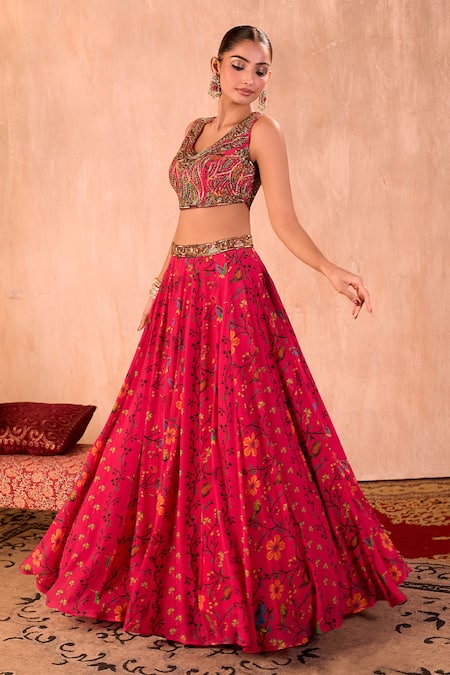 Mehak Murpana X AZA_Pink Crepe, Organza Beads, Sequins, Embroidery V-neck Floral Print Lehenga Set _at_Aza_Fashions