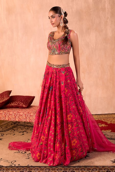 Shop_Mehak Murpana X AZA_Pink Crepe, Organza Beads, Sequins, Embroidery V-neck Floral Print Lehenga Set 