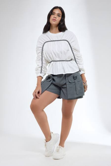 Shop_Krati Jain_White Cotton Round Neck Gathered Top _Online_at_Aza_Fashions