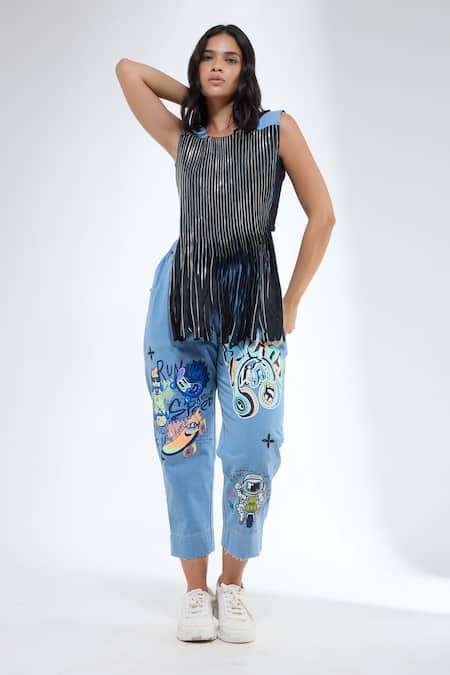 Krati Jain_Blue Denim Round Neck Sleeveless Crop Top _at_Aza_Fashions