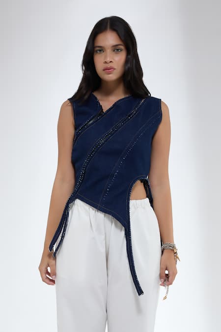 Krati Jain Blue Denim Fringe Round Neck Dark Sleeveless Crop Top 