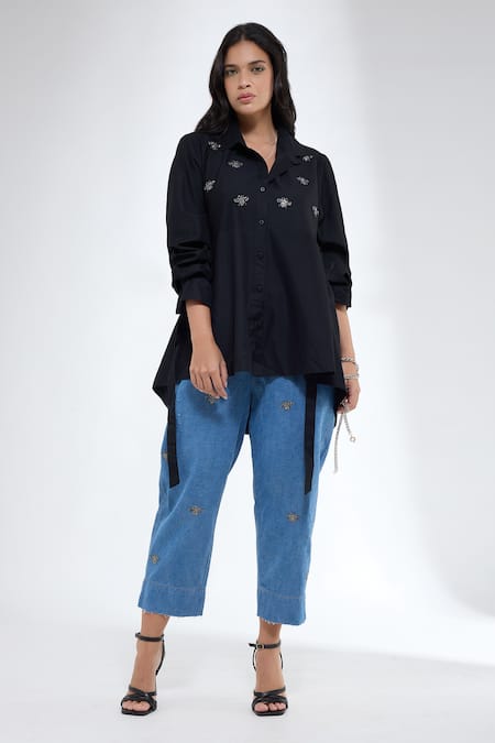 Krati Jain_Black Cotton Embroidery Collared Bug Motif Shirt _at_Aza_Fashions