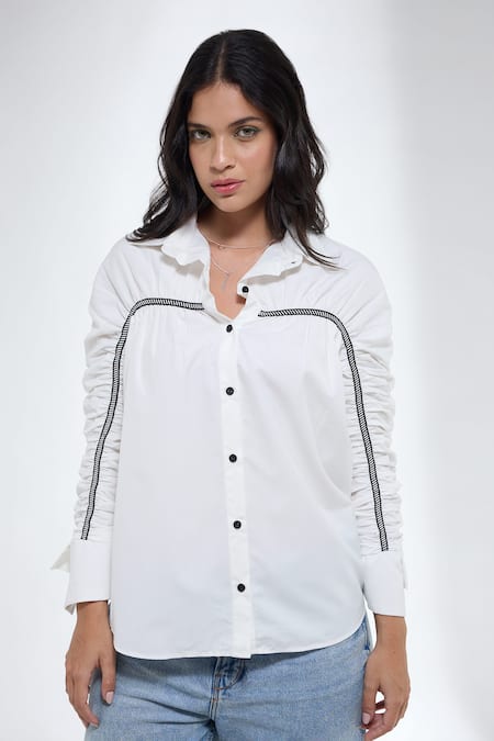 Krati Jain White Cotton Collared Gathered Sleeve Shirt 