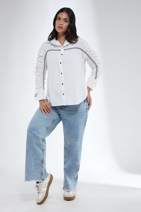 Shop_Krati Jain_White Cotton Collared Gathered Sleeve Shirt _Online_at_Aza_Fashions