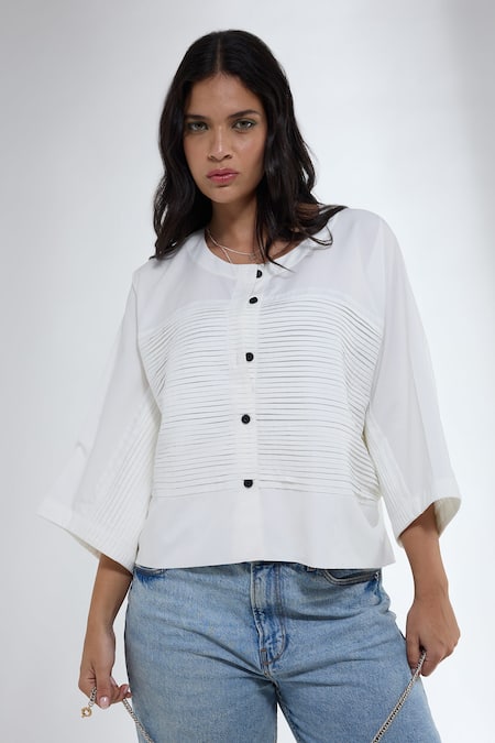 Krati Jain White Cotton Round Neck Anti Fit Short Shirt 