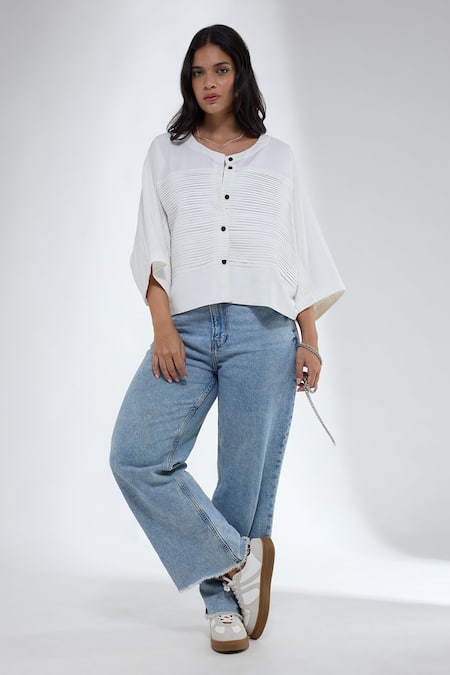 Buy_Krati Jain_White Cotton Round Neck Anti Fit Short Shirt _Online_at_Aza_Fashions