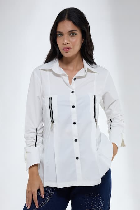 Krati Jain White Cotton Collared Semi Fit Zip Detail Shirt 