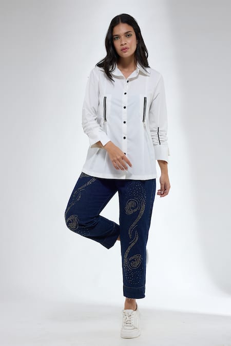 Shop_Krati Jain_White Cotton Collared Semi Fit Zip Detail Shirt _Online_at_Aza_Fashions