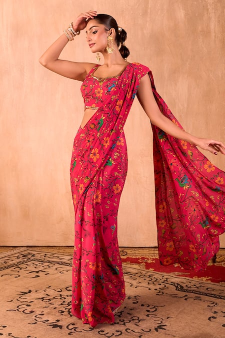 Buy_Mehak Murpana X AZA_Pink Crepe Embroidery Round Neck Floral Print Pre-draped Saree With Blouse _Online_at_Aza_Fashions