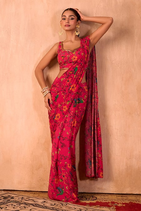 Shop_Mehak Murpana X AZA_Pink Crepe Embroidery Round Neck Floral Print Pre-draped Saree With Blouse _Online_at_Aza_Fashions
