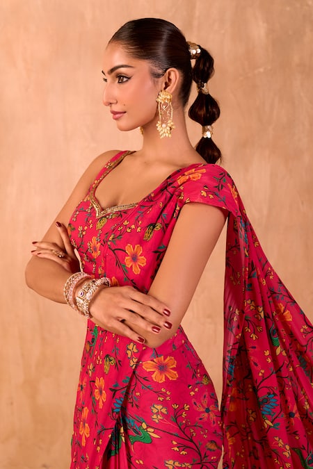 Mehak Murpana X AZA_Pink Crepe Embroidery Round Neck Floral Print Pre-draped Saree With Blouse _at_Aza_Fashions
