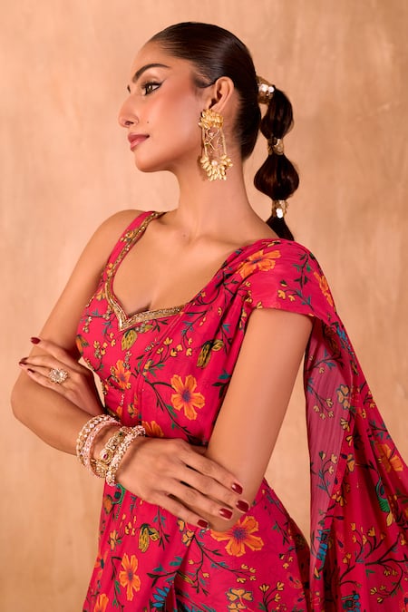 Buy_Mehak Murpana X AZA_Pink Crepe Embroidery Round Neck Floral Print Pre-draped Saree With Blouse 