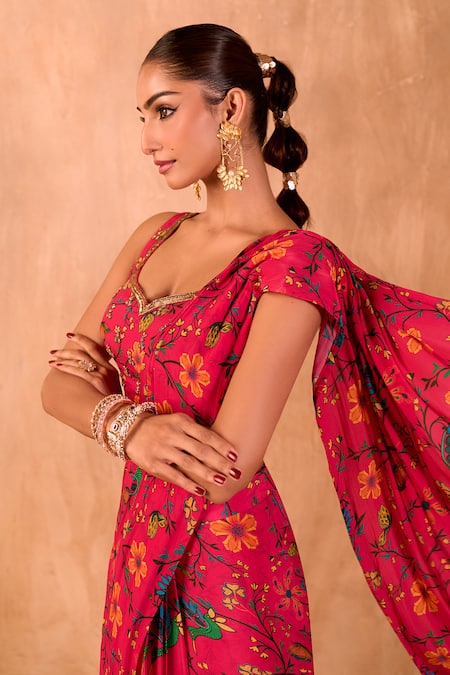 Shop_Mehak Murpana X AZA_Pink Crepe Embroidery Round Neck Floral Print Pre-draped Saree With Blouse 