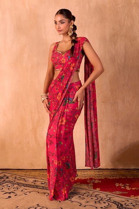 Mehak Murpana X AZA Pink Crepe Embroidery Round Neck Floral Print Pre-draped Saree With Blouse 