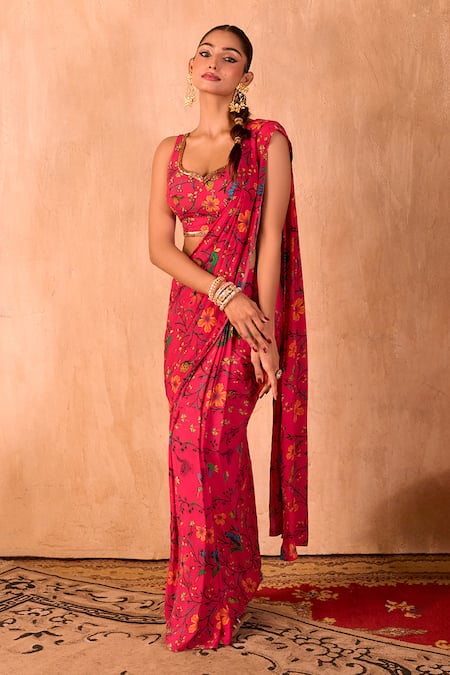 Mehak Murpana X AZA_Pink Crepe Embroidery Round Neck Floral Print Pre-draped Saree With Blouse _Online_at_Aza_Fashions