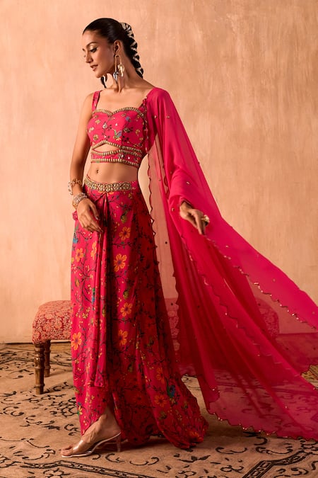 Buy_Mehak Murpana X AZA_Pink Crepe, Georgette Embroidery, Sequins Floral Print Draped Skirt Set _Online_at_Aza_Fashions