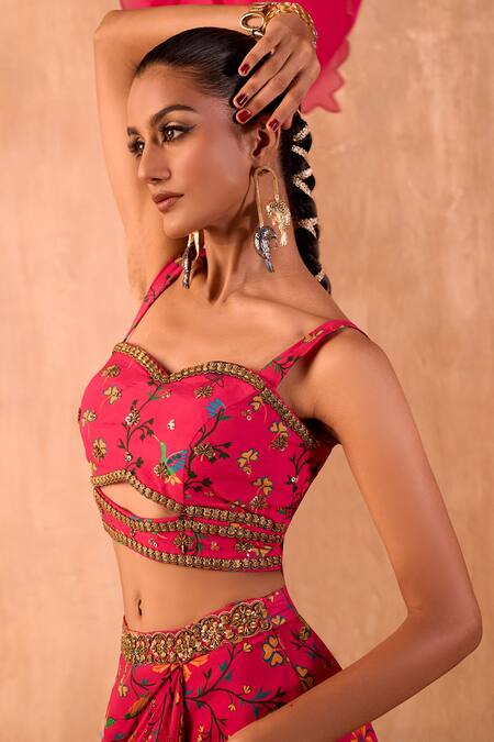 Shop_Mehak Murpana X AZA_Pink Crepe, Georgette Embroidery, Sequins Floral Print Draped Skirt Set _Online_at_Aza_Fashions
