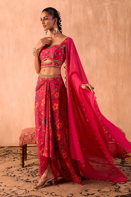 Mehak Murpana X AZA_Pink Crepe, Georgette Embroidery, Sequins Floral Print Draped Skirt Set _Online_at_Aza_Fashions