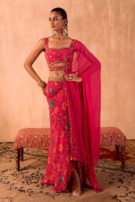 Mehak Murpana X AZA Pink Crepe, Georgette Embroidery, Sequins Floral Print Draped Skirt Set