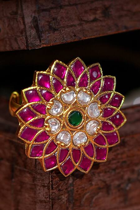 Riana Jewellery_Pink Handcrafted Green Floral Ring _Online_at_Aza_Fashions