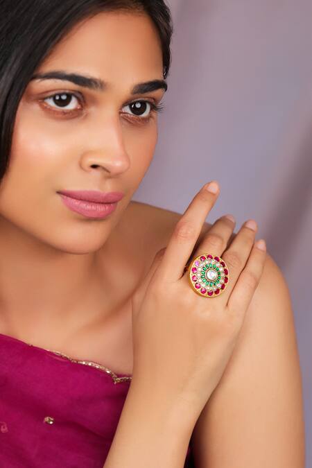 Riana Jewellery Pink Imitation Gemstones Multicolour Floral Ring Online at Aza Fashions Riana Jewellery_Pink Imitation Gemstones Multicolour Floral Ring _Online_at_Aza_Fashions