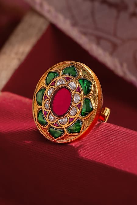 Riana Jewellery Green And Pink Jadau Kundan Ring 