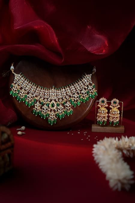 Shop_Riana Jewellery_Green Diamonds, Stones, White Jadtar Bridal Necklace Set With Emerald Drops _at_Aza_Fashions