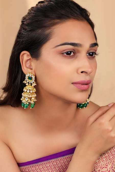 Riana Jewellery_Green Diamonds, Stones, White Jadtar Bridal Necklace Set With Emerald Drops _Online_at_Aza_Fashions