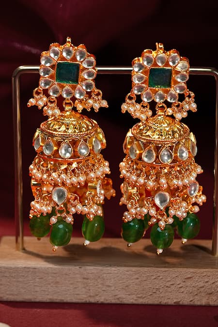 Buy_Riana Jewellery_Green Diamonds, Stones, White Jadtar Bridal Necklace Set With Emerald Drops _Online_at_Aza_Fashions