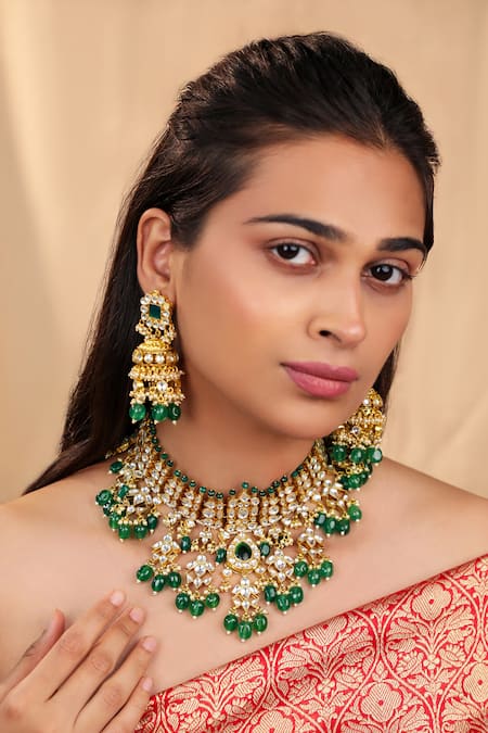 Riana Jewellery Green Diamonds, Stones, White Jadtar Bridal Necklace Set With Emerald Drops