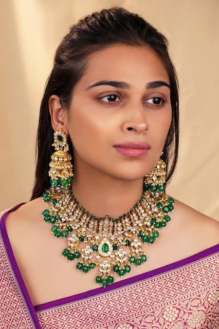 Shop_Riana Jewellery_Green Diamonds, Stones, White Jadtar Bridal Necklace Set With Emerald Drops _Online_at_Aza_Fashions