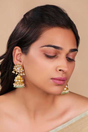 Riana Jewellery_Green Diamonds, Pearls Heavy Jadtar Kundan Set With And Jhumkis _Online_at_Aza_Fashions