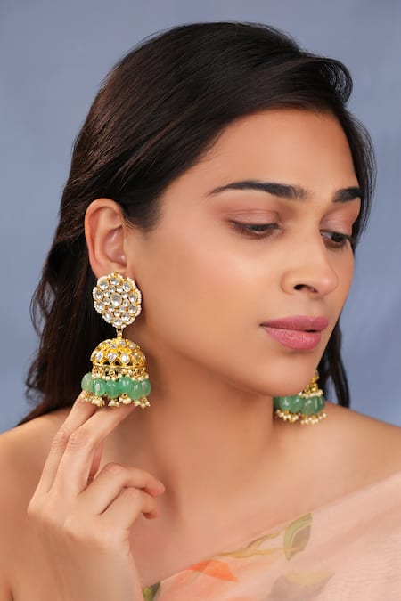 Riana Jewellery_Green Imitation Diamonds Jade Bridal Necklace With Jhumki Earings _Online_at_Aza_Fashions