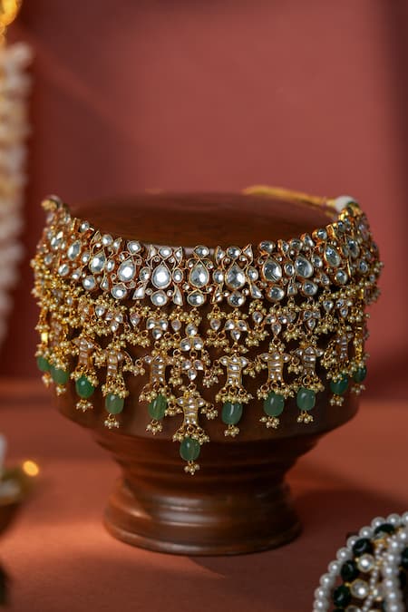 Shop_Riana Jewellery_Green Imitation Diamonds Jade Bridal Necklace With Jhumki Earings _Online_at_Aza_Fashions