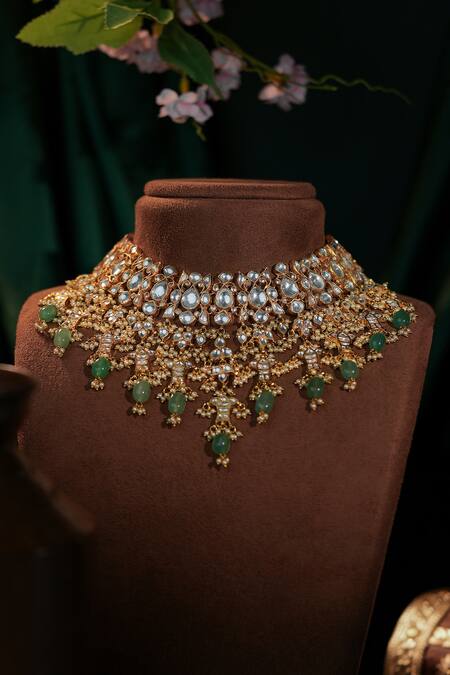 Riana Jewellery_Green Imitation Diamonds Jade Bridal Necklace With Jhumki Earings _at_Aza_Fashions