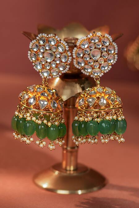 Buy_Riana Jewellery_Green Imitation Diamonds Jade Bridal Necklace With Jhumki Earings 