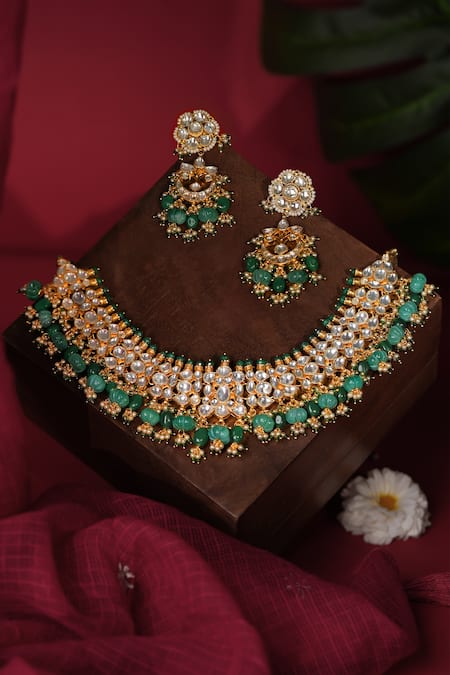 Shop Riana Jewellery Green Gemstones, Crystals Shades Of Emerald Drops Choker Set at Aza Fashions Shop_Riana Jewellery_Green Gemstones, Crystals Shades Of Emerald Drops Choker Set _at_Aza_Fashions