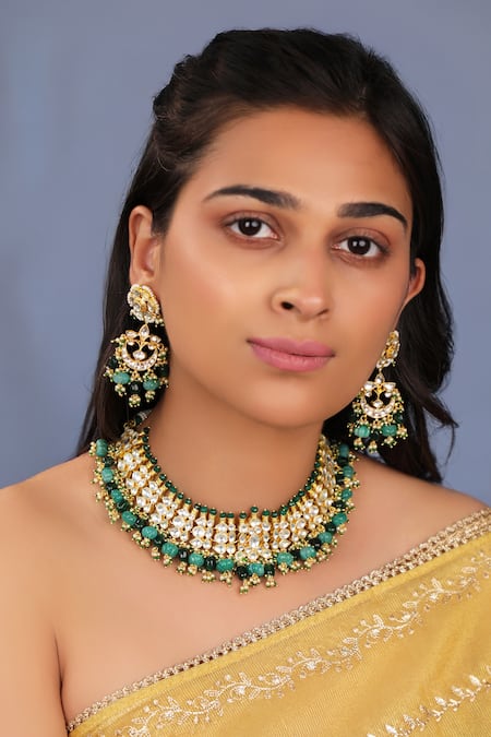 Riana Jewellery Green Gemstones, Crystals Shades Of Emerald Drops Choker Set 