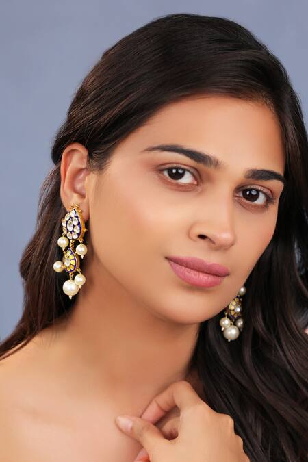 Buy_Riana Jewellery_Blue Metallic Thread, Pearls Royal Mina Work Necklace Set _Online_at_Aza_Fashions