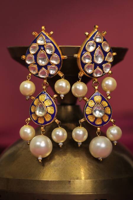 Shop_Riana Jewellery_Blue Metallic Thread, Pearls Royal Mina Work Necklace Set _Online_at_Aza_Fashions