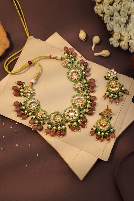 Shop_Riana Jewellery_Pink Gemstones, Beads Dressy Yet Classic Necklace Set _Online_at_Aza_Fashions