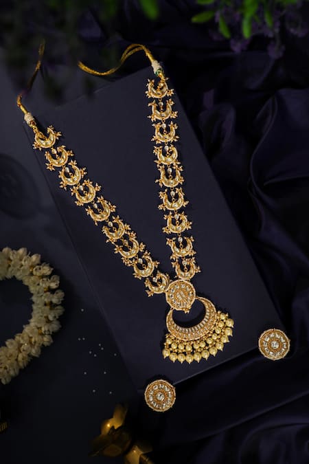 Shop_Riana Jewellery_White Stones Long Royal Pendant Necklace Set _Online_at_Aza_Fashions
