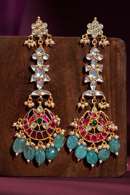 Riana Jewellery_Gold Plated Gemstones, Beads Jadau Long Pendant Necklace Set _at_Aza_Fashions