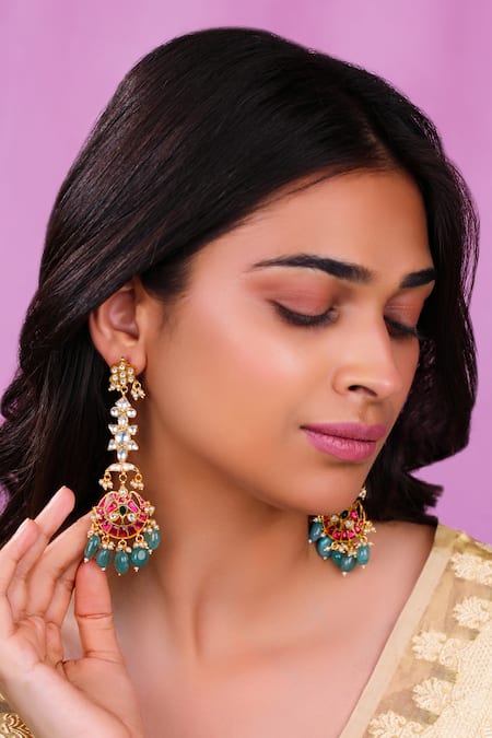 Buy_Riana Jewellery_Gold Plated Gemstones, Beads Jadau Long Pendant Necklace Set 