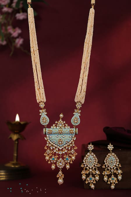 Riana Jewellery Firozi Blue Pendant Necklace With Delicate Mina Work And Long Festive Wear Earings 