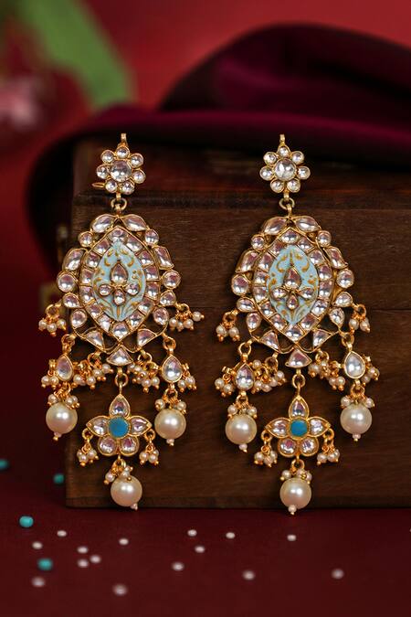 Riana Jewellery_Firozi Pendant Necklace With Delicate Mina Work And Long Festive Wear Earings _Online_at_Aza_Fashions