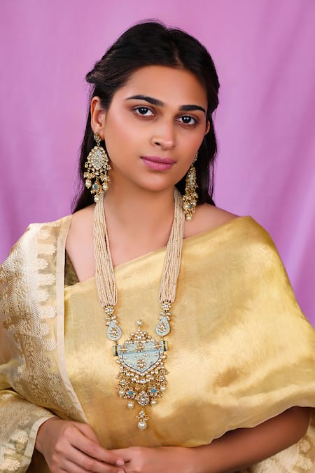 Riana Jewellery Firozi Blue Pendant Necklace With Delicate Mina Work And Long Festive Wear Earings 