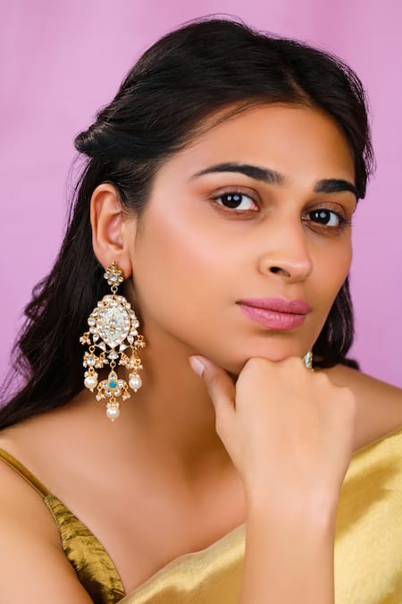 Buy_Riana Jewellery_Firozi Pendant Necklace With Delicate Mina Work And Long Festive Wear Earings _Online_at_Aza_Fashions