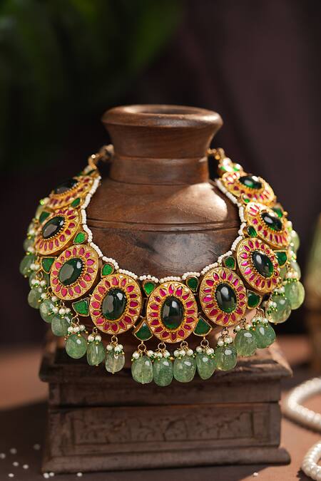 Buy_Riana Jewellery_Red Stones Moissanite Embellished Necklace Set _Online_at_Aza_Fashions