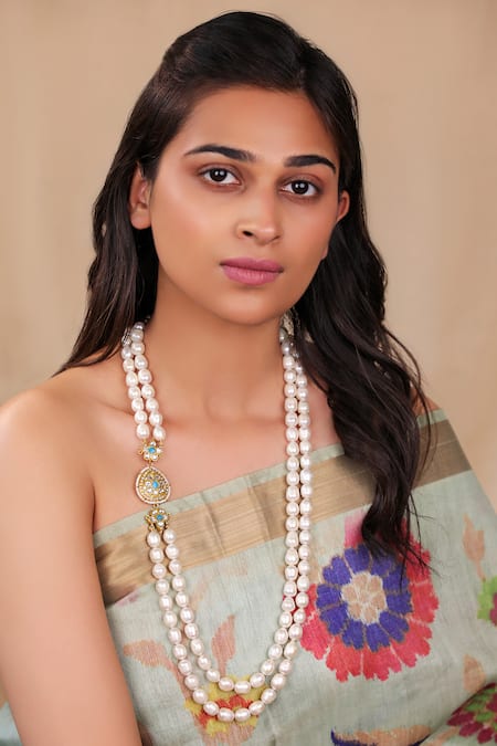 Buy Riana Jewellery White Delicate 2 Line Maala Necklace Online at Aza Fashions Buy_Riana Jewellery_White Delicate 2 Line Maala Necklace _Online_at_Aza_Fashions